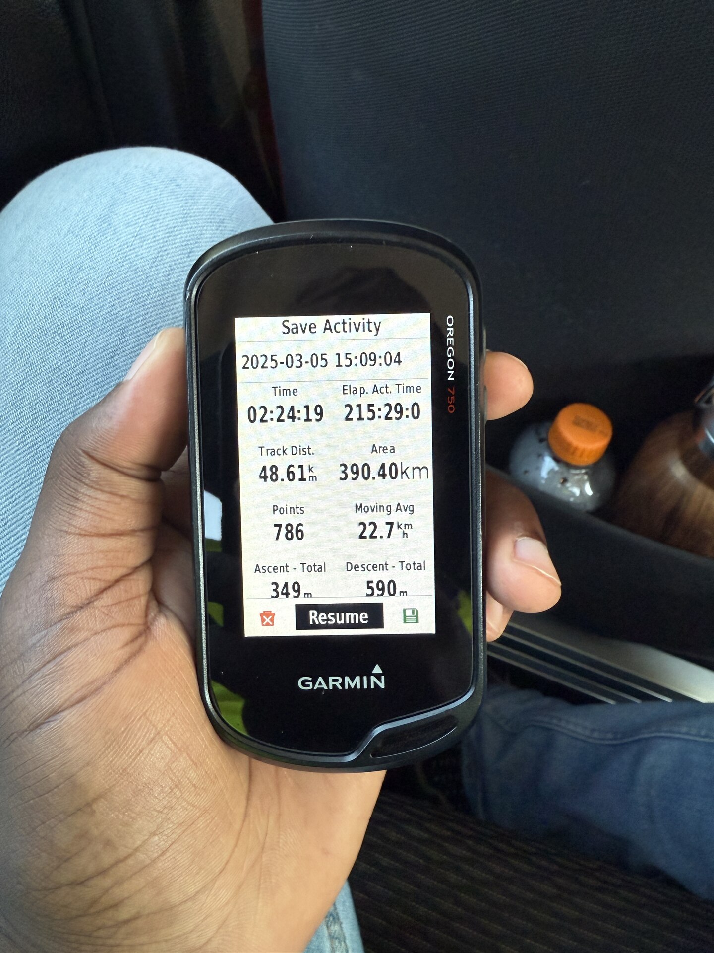 Handheld GPS showing a 48.61-kilometre field track after a route-survey session