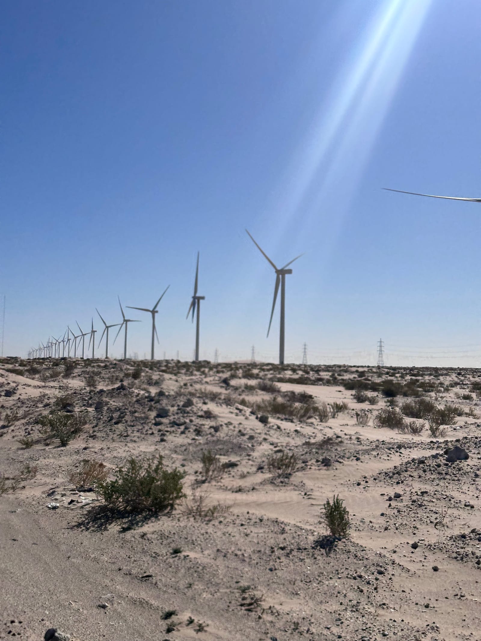 A row of wind turbines with transmission towers behind them in the desert along the Nouadhibou to Zouerat corridor, Mauritania