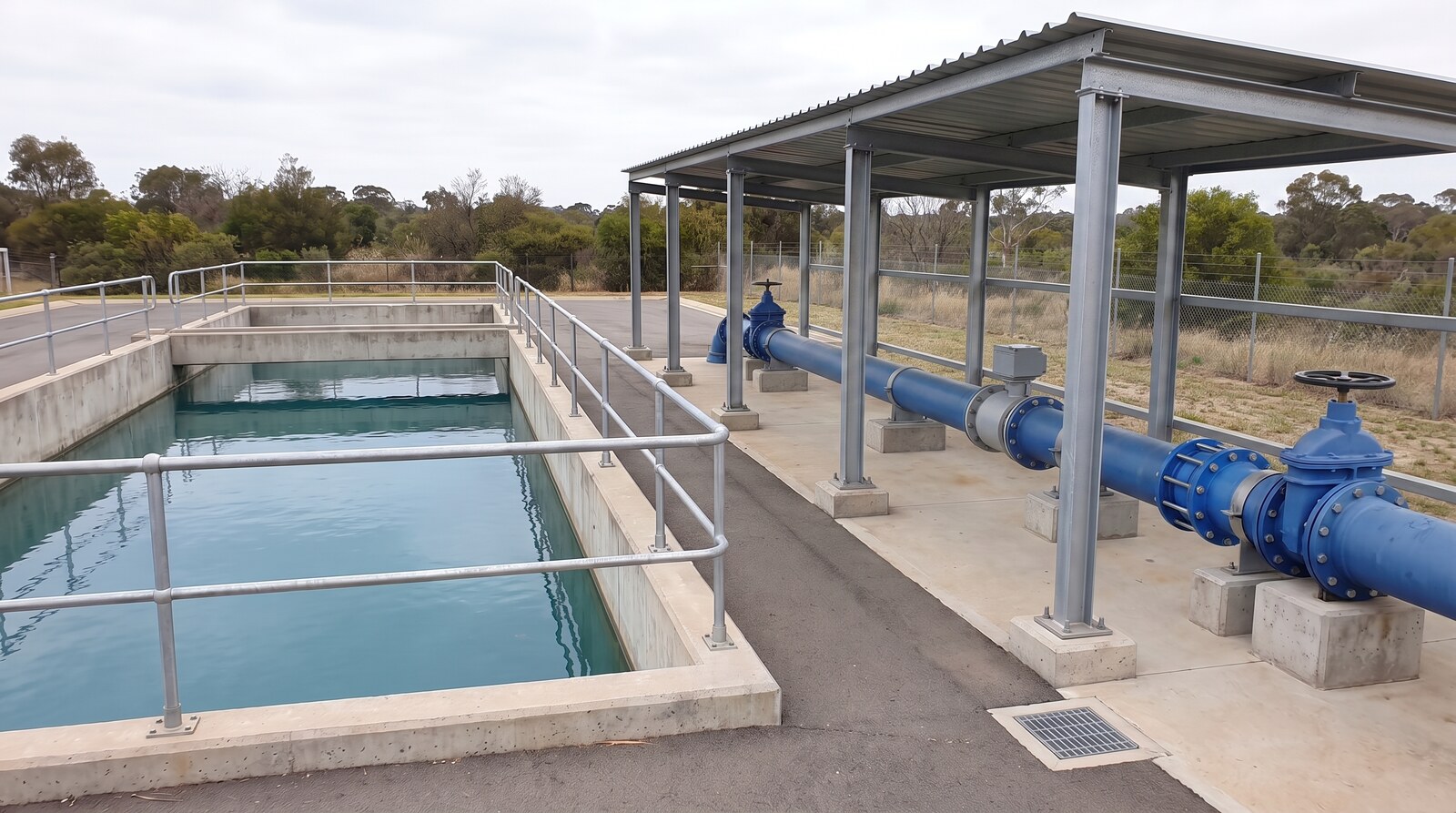 A bulk-water main with flow meter and isolation valves beside a treatment basin